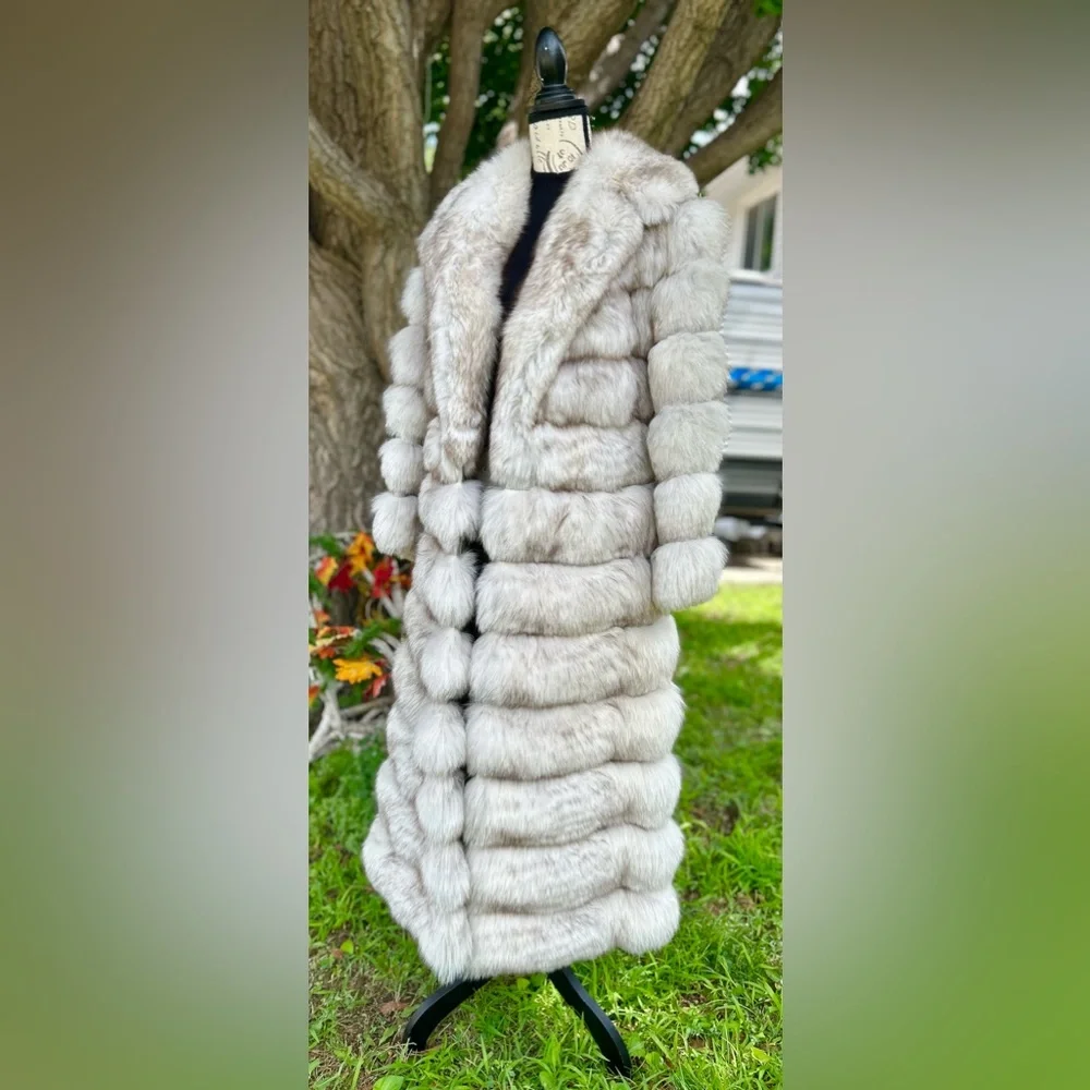 Genuine Natural Blue Fox 7/8 Horizontal Fur Coat - Picture 2 of 14